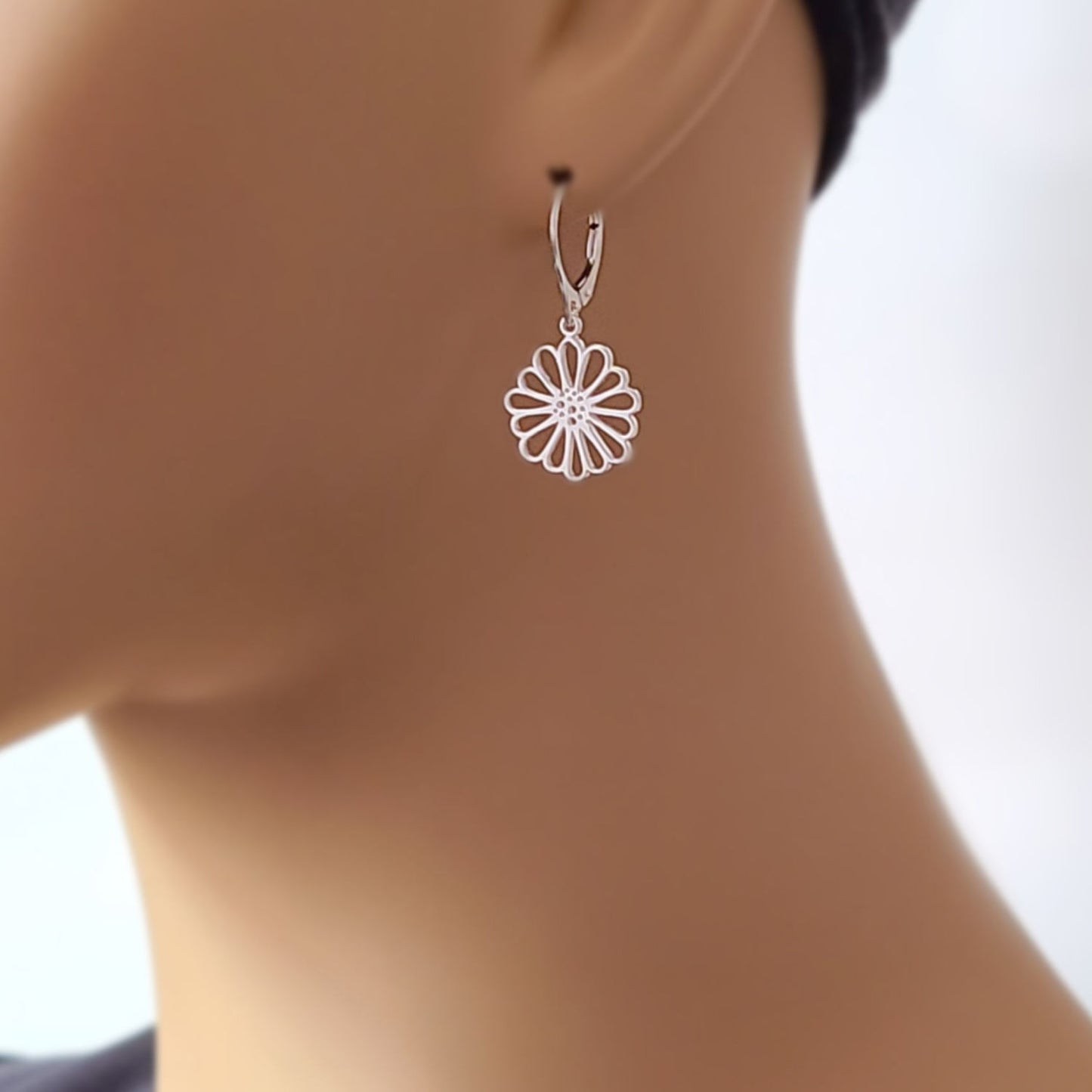 Sterling Silver Daisy Lever back Dangle Earrings -- E270